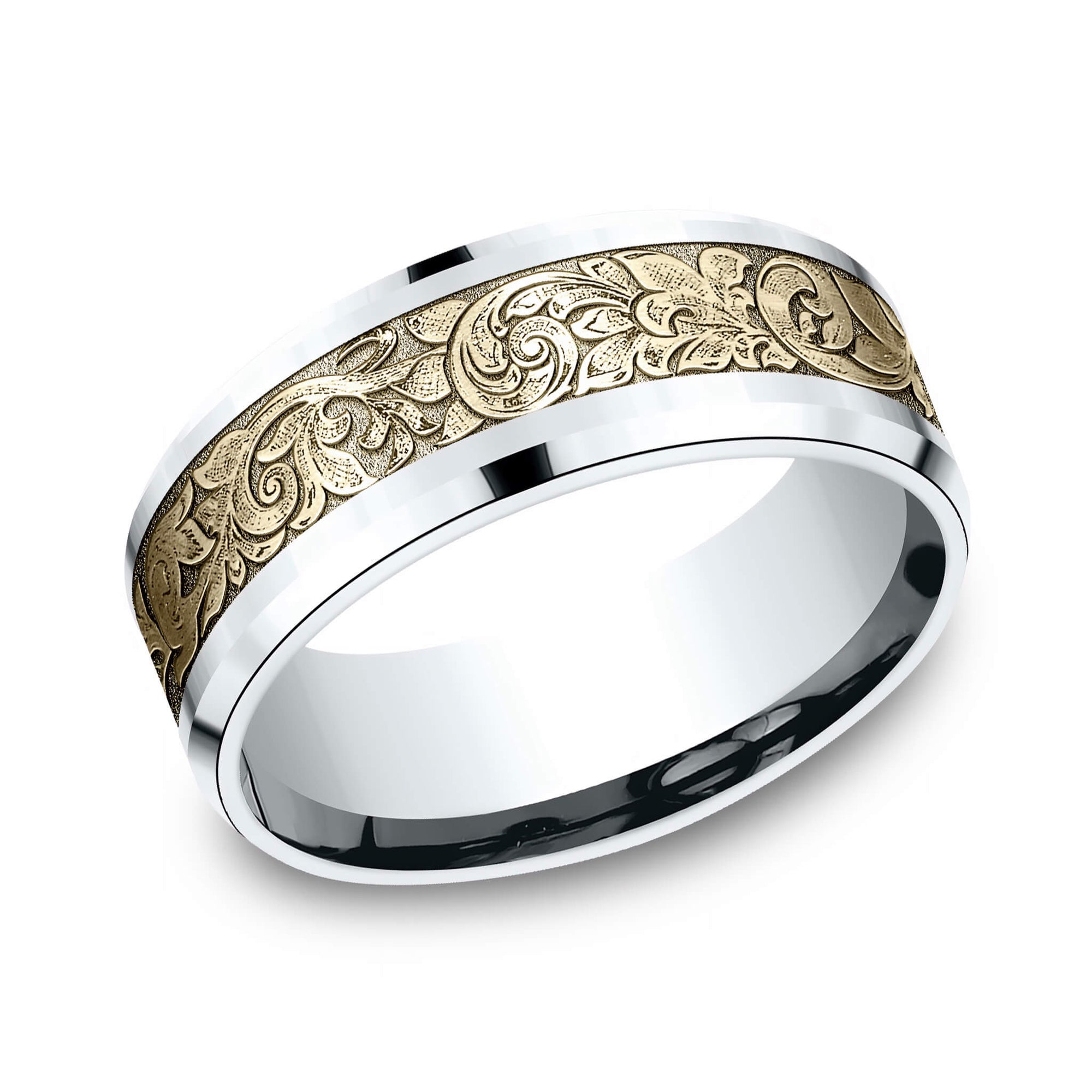 The Ambassador 14K White and Yellow Gold Mens Wedding Band London Script - 8mm