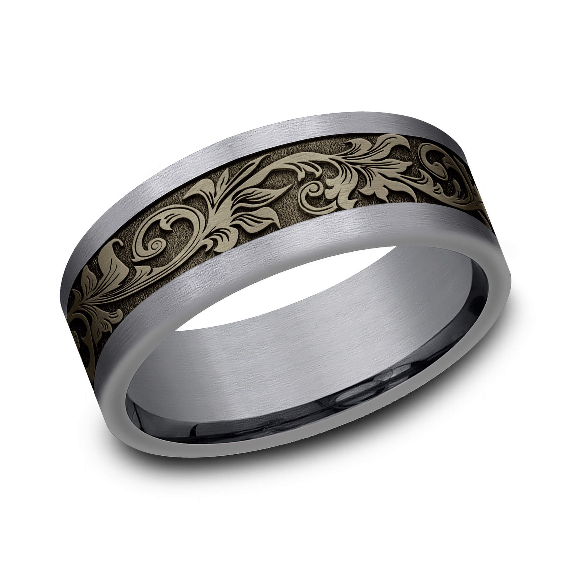 The Royal - Brushed Grey Tantalum and Bronze Men's Wedding Band Vintage Script -  8mm