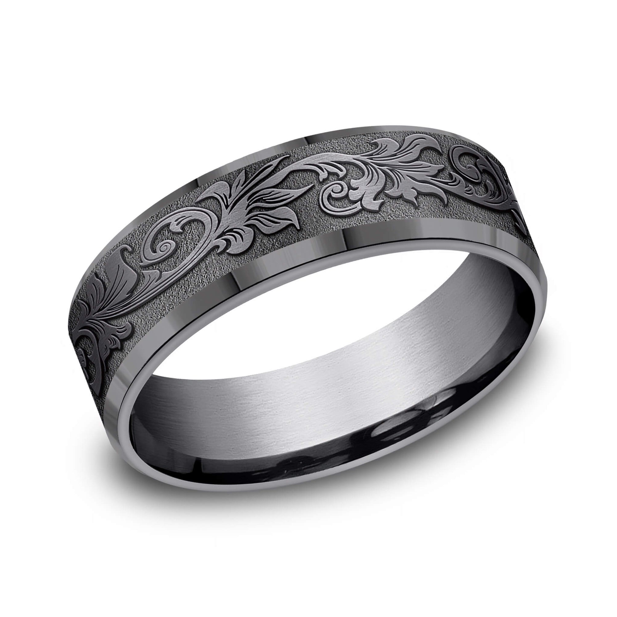 The Royal - Darkened Tantalum Men's Wedding Band Vintage Script -  7mm