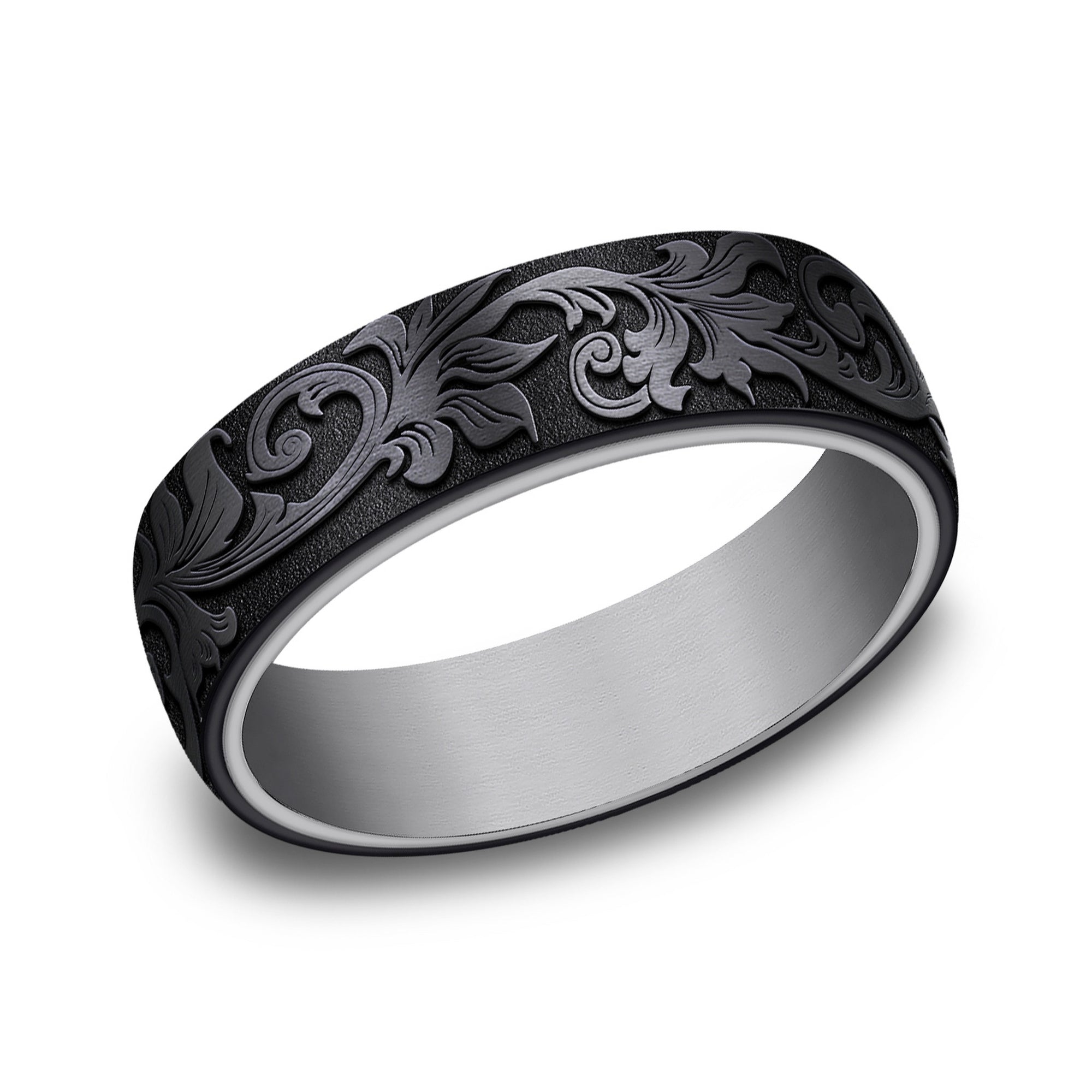 Vintage Script Wedding Band - Grey and Black Tantalum 6.5mm