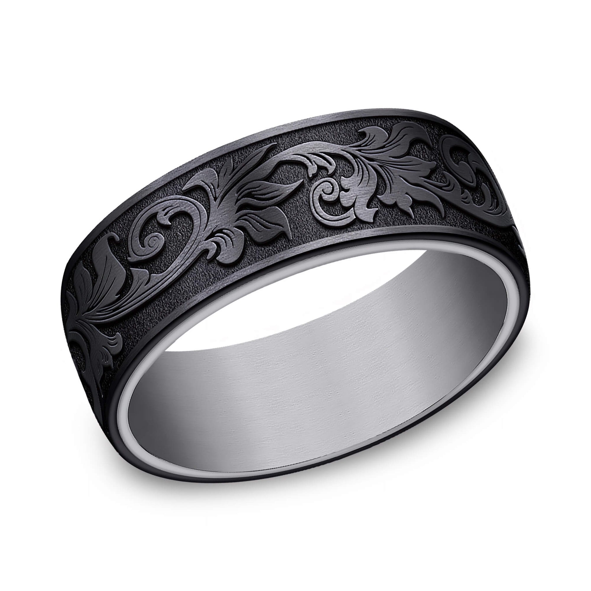 Vintage Script Wedding Band - Grey and Black Tantalum 8mm
